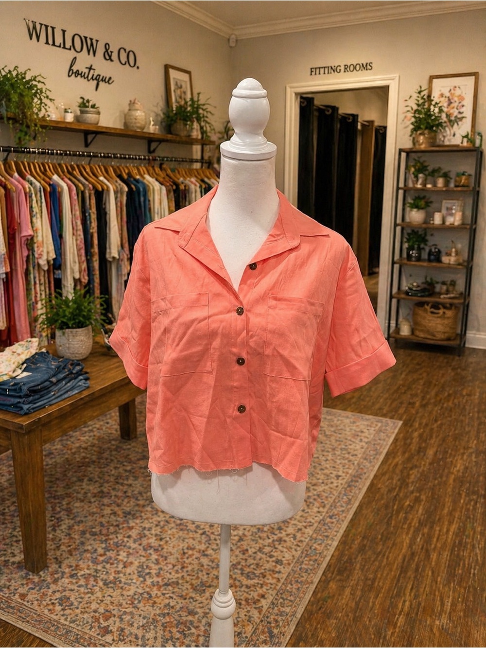 Shore Coral Linen Blend Crop Button Up Top NWT Raw Hem